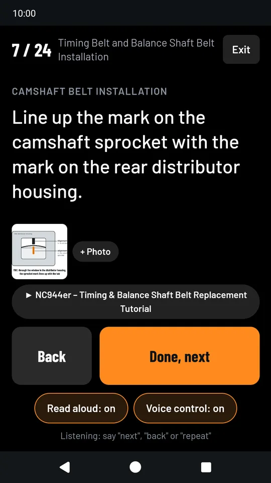 Ref Sensor in garage mode: one timing belt step in large type, with a diagram, read aloud and voice control