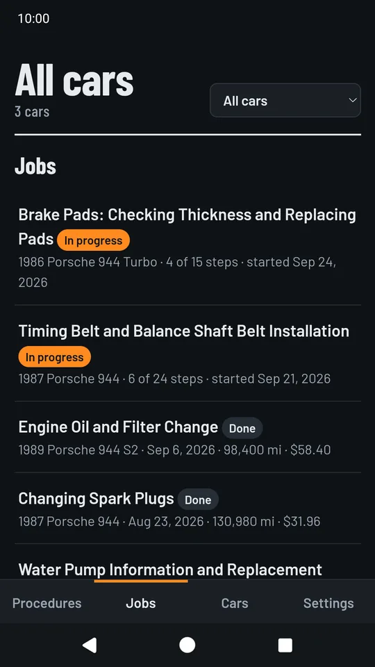 Jobs, mileage and parts costs for each car
