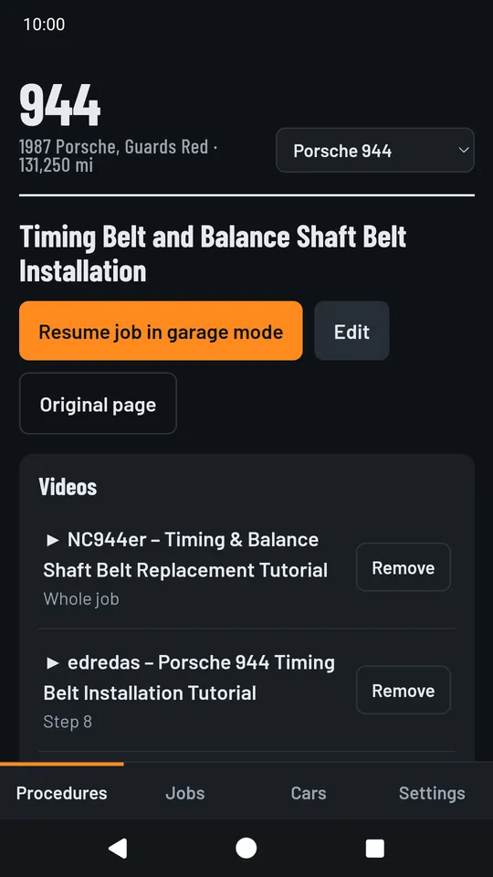 A saved timing belt job with its videos and steps